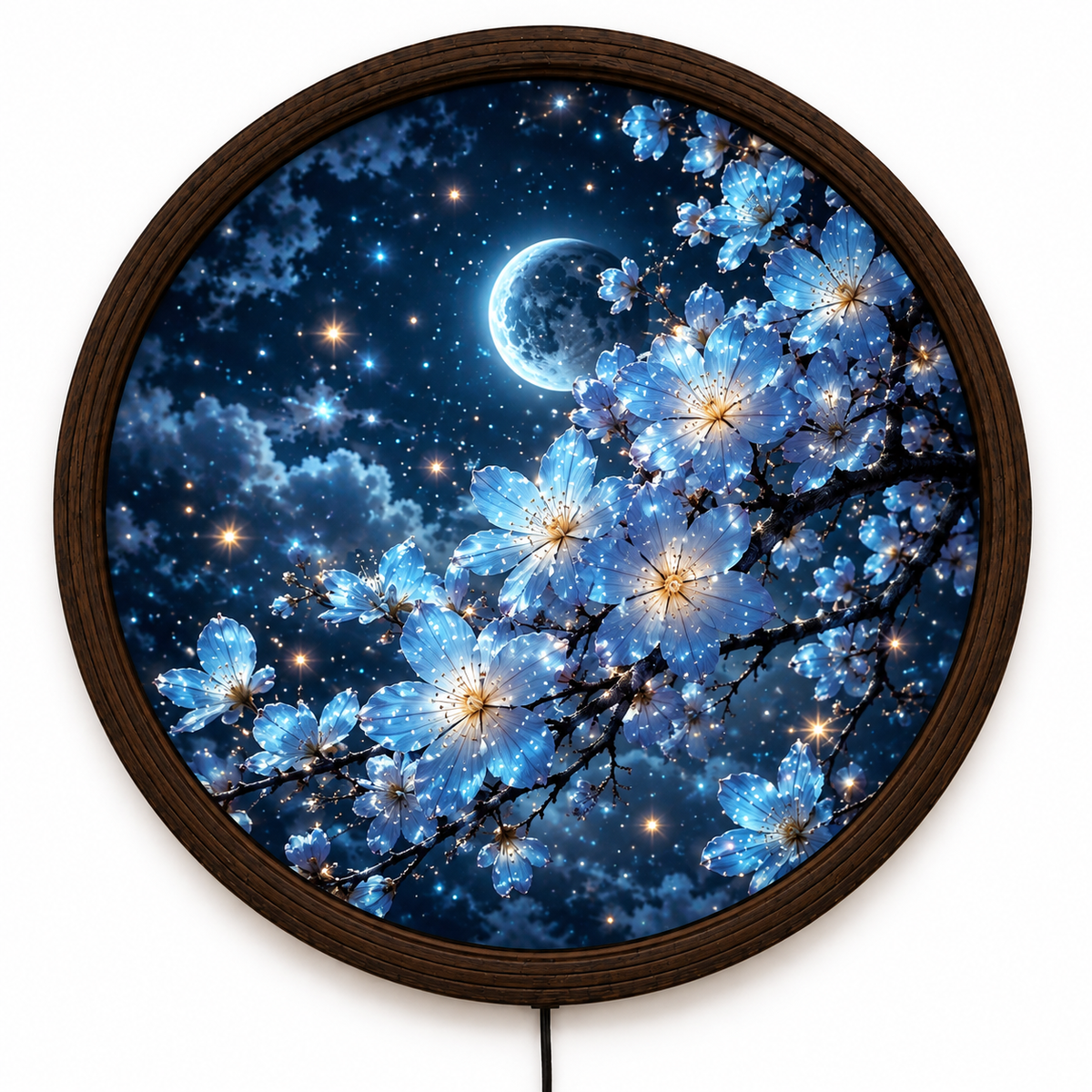 Moonlit Blue Blossom LED Round Wall Art – Illuminated Floral Home Decor