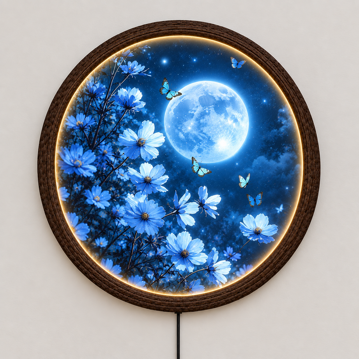 Moonlit Blue Butterfly Garden LED Wall Art – Round Illuminated Floral Wall Decor