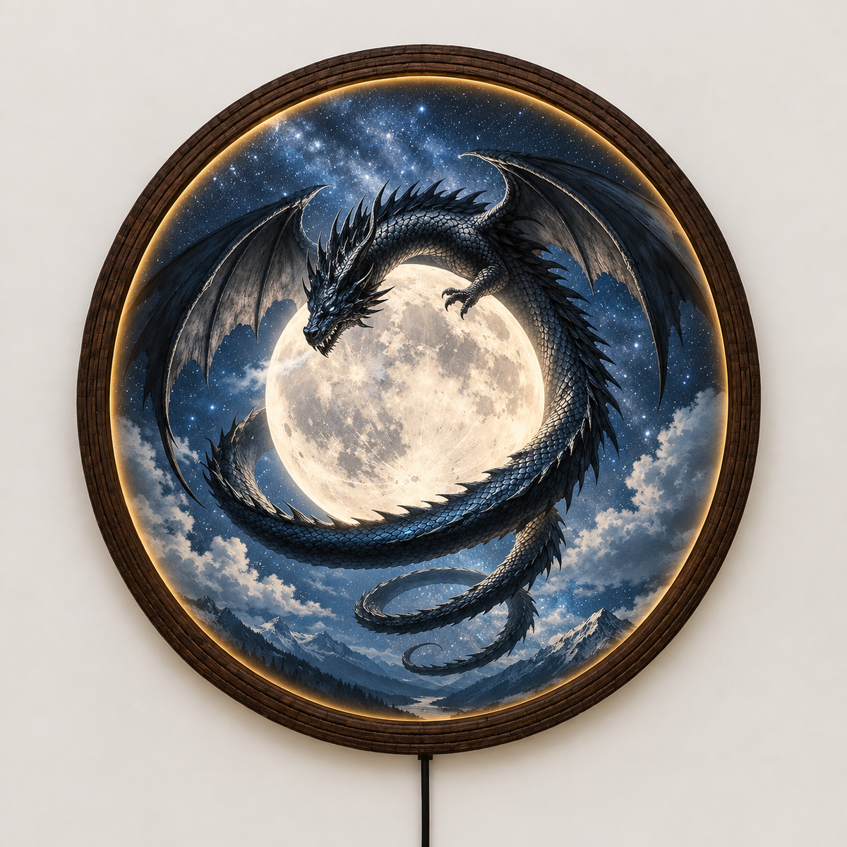 Dragon Moon LED Wall Art – Round Fantasy Dragon Light Decor