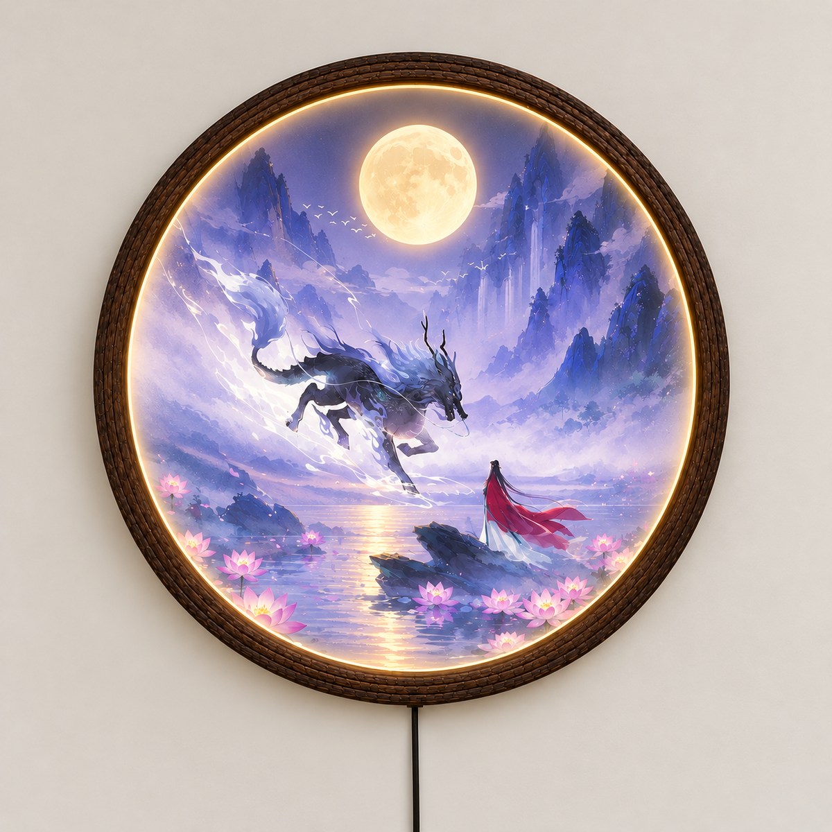 Mythical Celestial Dragon LED Wall Art - Illuminated Round Frame Light Box with Acrylic Front & Wooden Back