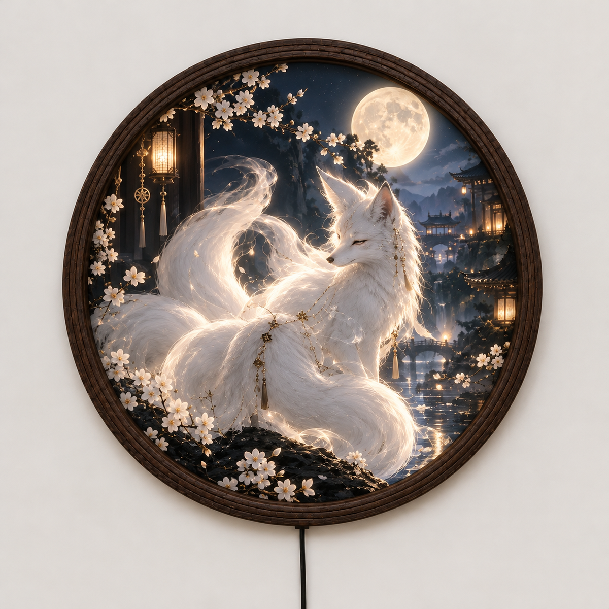 Moonlit Kitsune LED Wall Art – Illuminated Japanese Fox Wall Decor