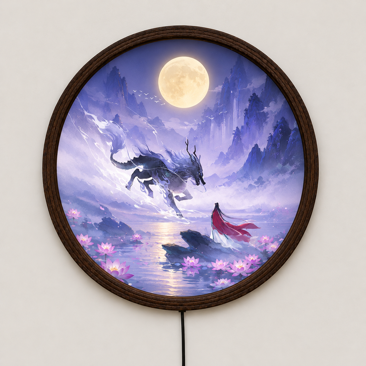 Mythical Celestial Dragon LED Wall Art - Illuminated Round Frame Light Box with Acrylic Front & Wooden Back