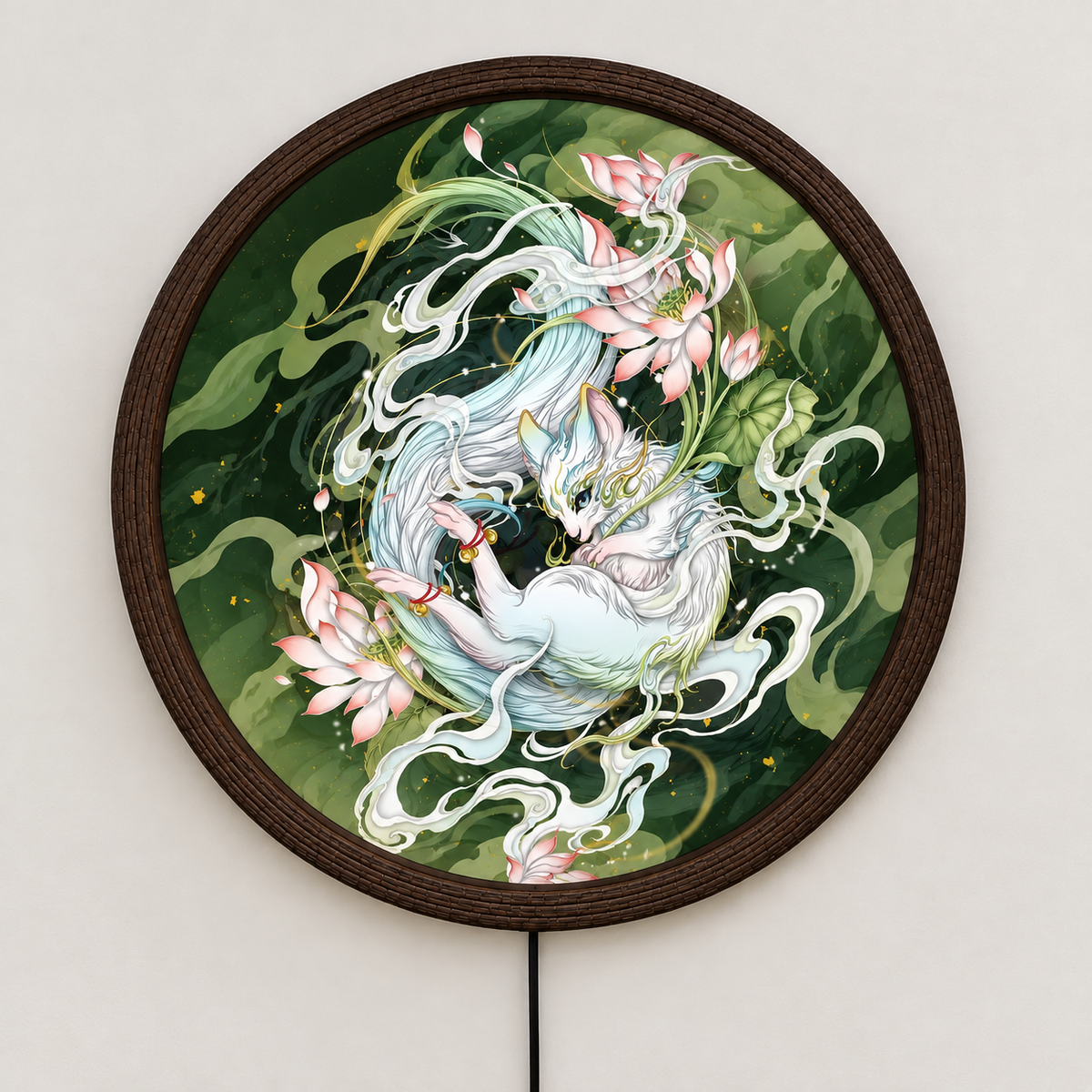 Illuminated Japanese Kitsune Nine-Tailed Fox & Lotus LED Round Wall Art | Mystical Light-Up Home Decor