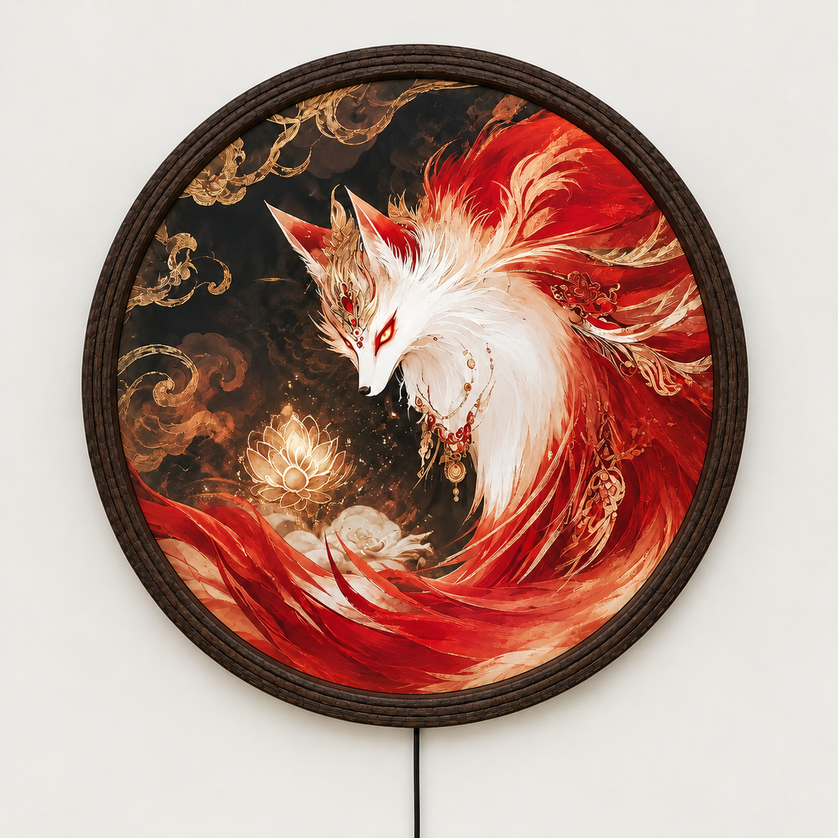 Glowing Kitsune LED Wall Art, Japanese Fantasy Round Lighted Wall Decor, Wooden Frame Illuminated Picture for Home Decor