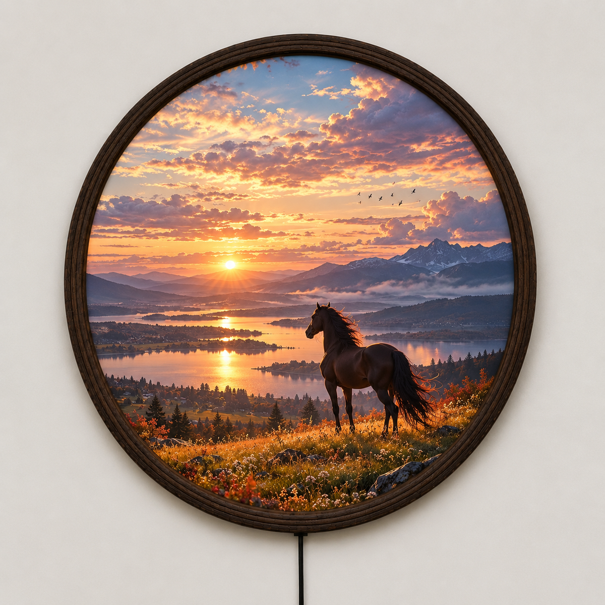 Illuminated Horse Sunset Landscape Round Wall Art – LED Lighted Rustic Home Decor