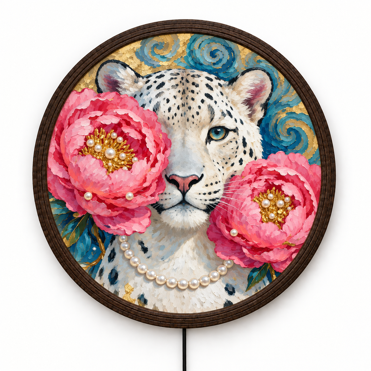 Illuminated Snow Leopard Floral Wall Art – Round LED Wall Decor