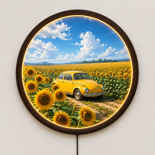 Sunflower Field Vintage Car LED Wall Art, Round Illuminated Wall Decor