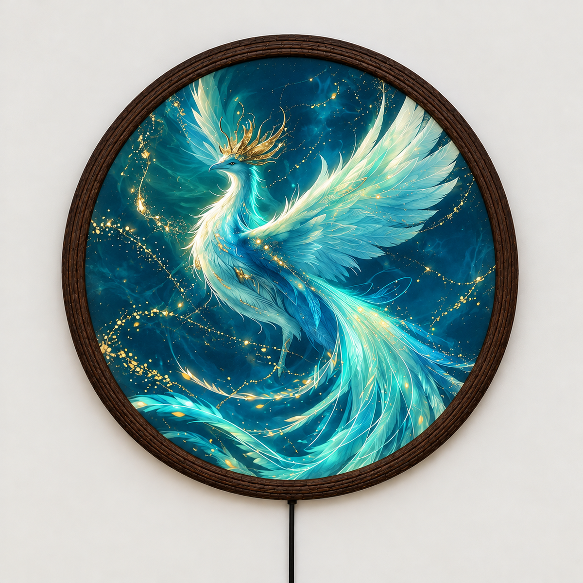 Glowing Phoenix LED Round Wall Art – Turquoise Fantasy Wall Light