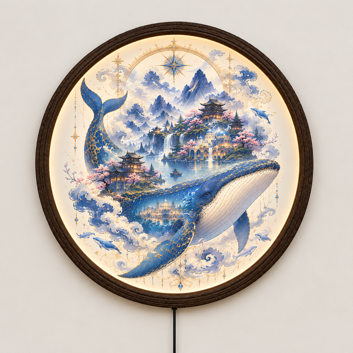Fantasy Blue Whale LED Wall Art – Illuminated Ocean Dreamscape Round Wall Decor