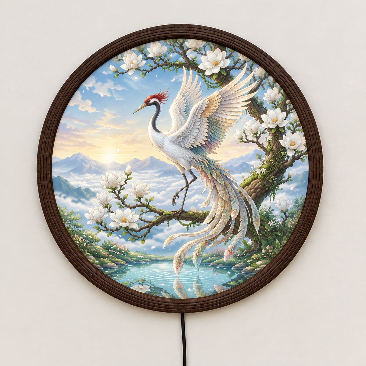 Round LED Crane Wall Art – Japanese-Inspired Floral Illuminated Wall Decor