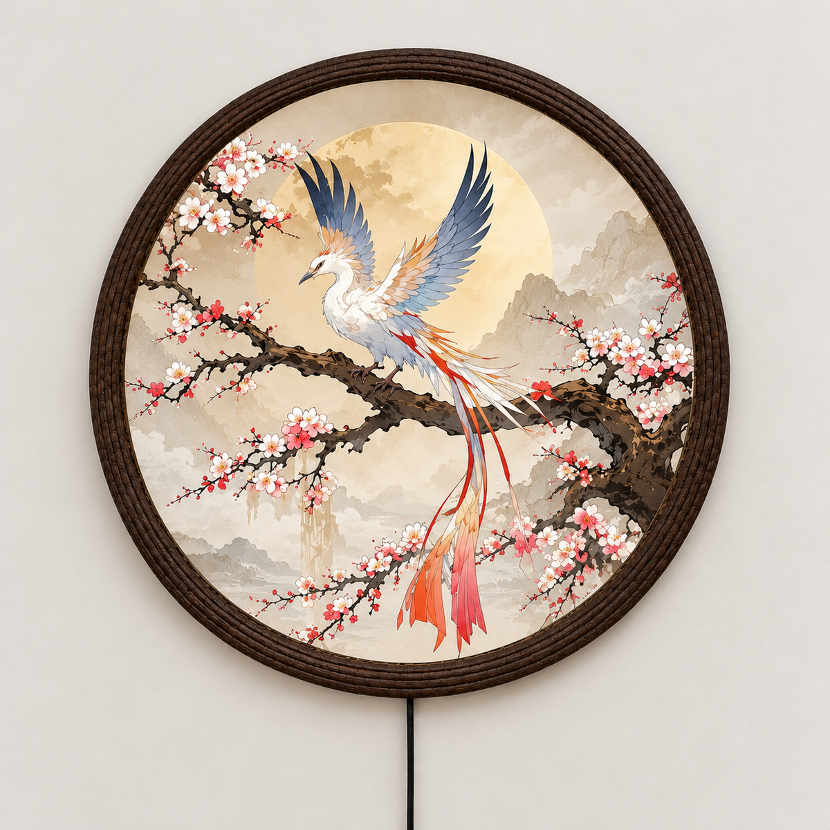 Luminous Phoenix & Cherry Blossom LED Round Wall Art – Oriental Illuminated Home Decor