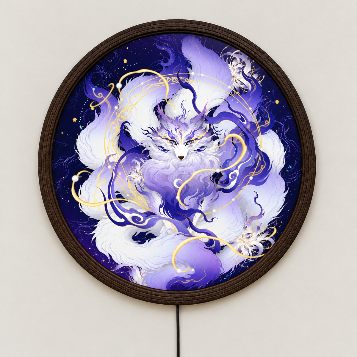 Japanese Nine-Tailed Kitsune Fox LED Wall Art Light – Glowing Mystical Round Wall Decor
