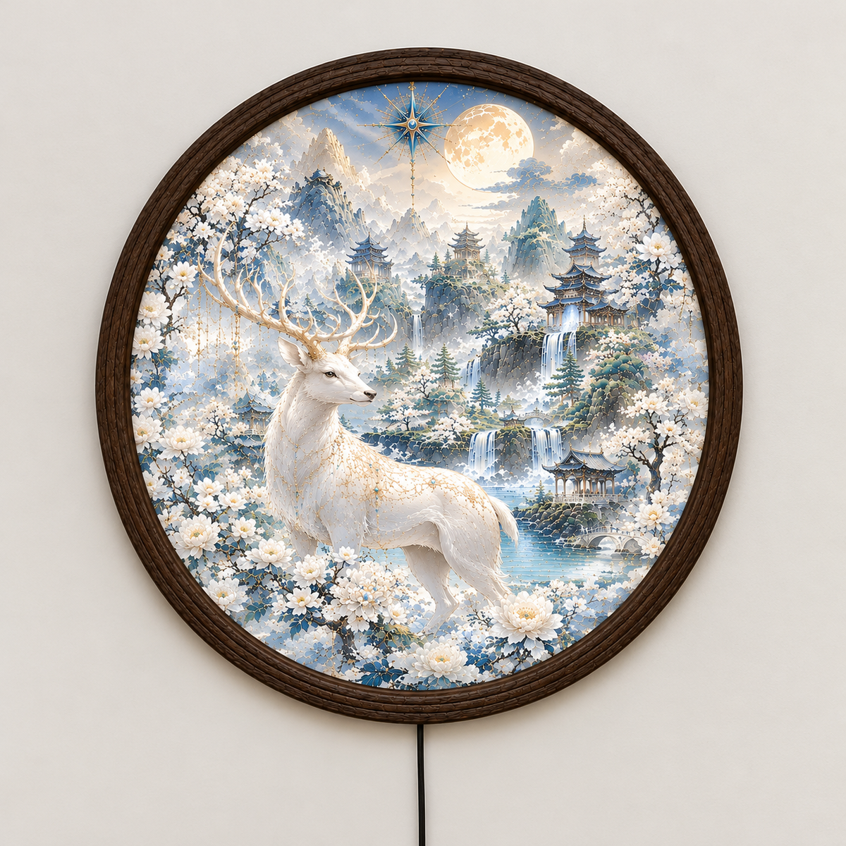 Enchanted White Deer LED Wall Lamp, Round Fantasy Landscape Light, Chinese Pagoda & Moon Home Decor