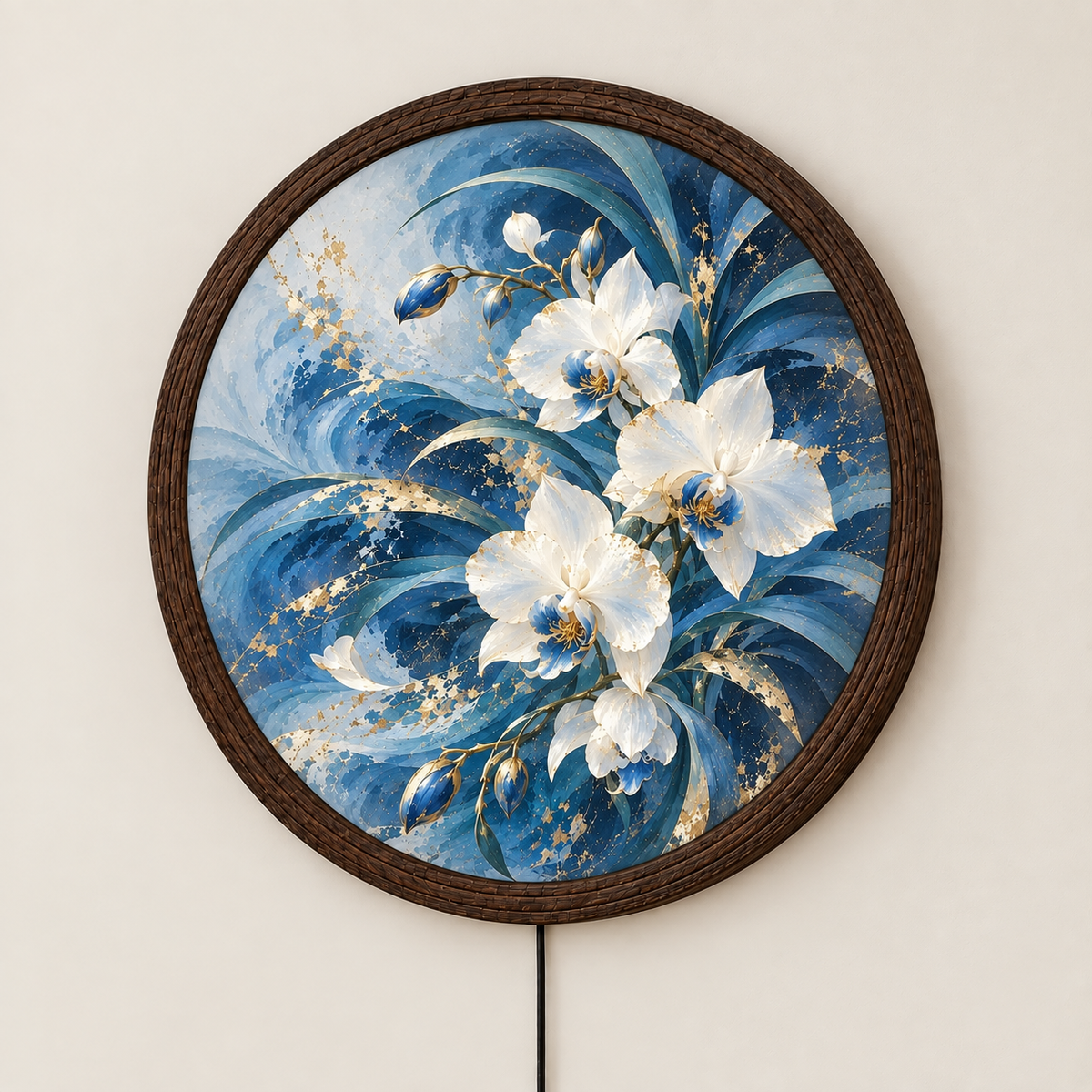 Blue Gold Floral LED Wall Art – Round Illuminated Home Decor