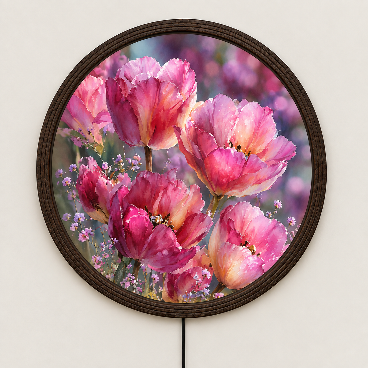 Round LED Floral Wall Art, Pink Tulip Illuminated Wall Decor