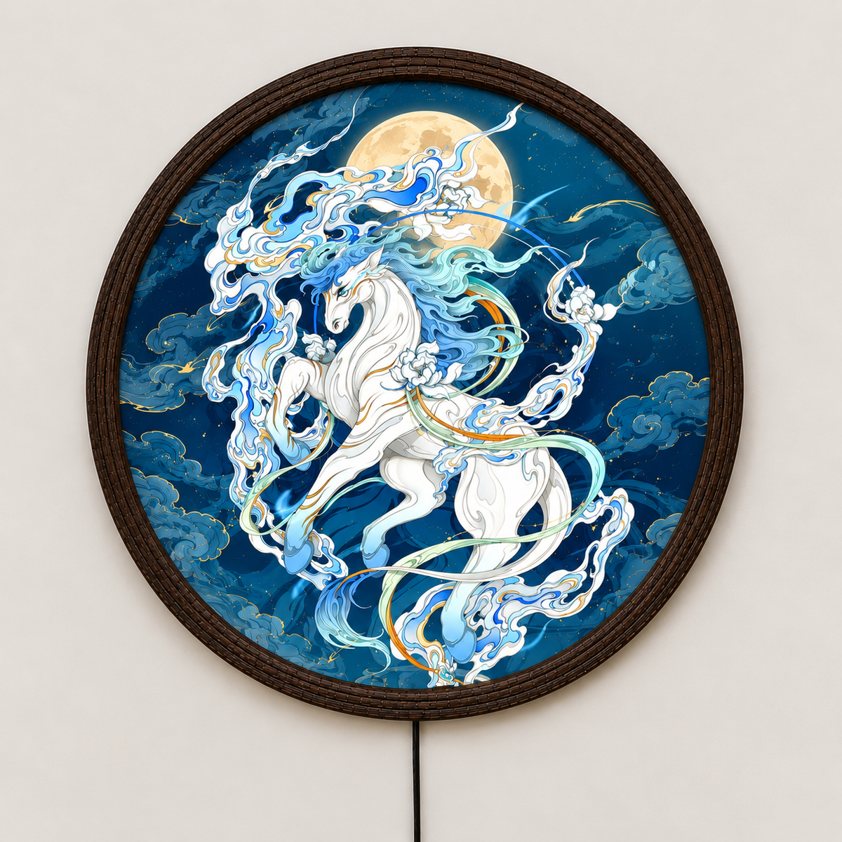 Luminous Celestial Pegasus LED Wall Art – Illuminated Round Cosmic Horse Decor