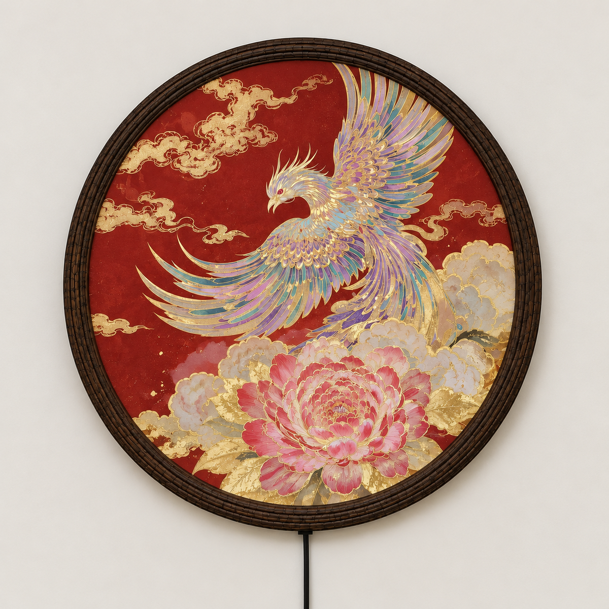 Round Phoenix LED Wall Lamp with Peony Floral Art, Oriental Luxury Illuminated Wall Decor