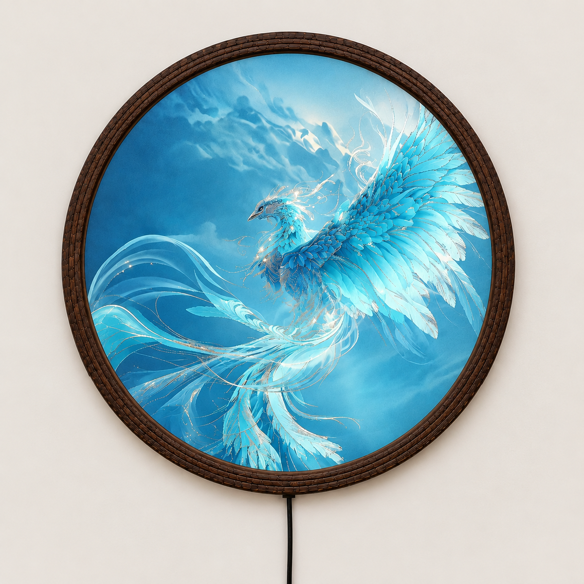 Blue Phoenix LED Wall Light, Round Wooden Frame Wall Lamp, Modern Fantasy Home Decor