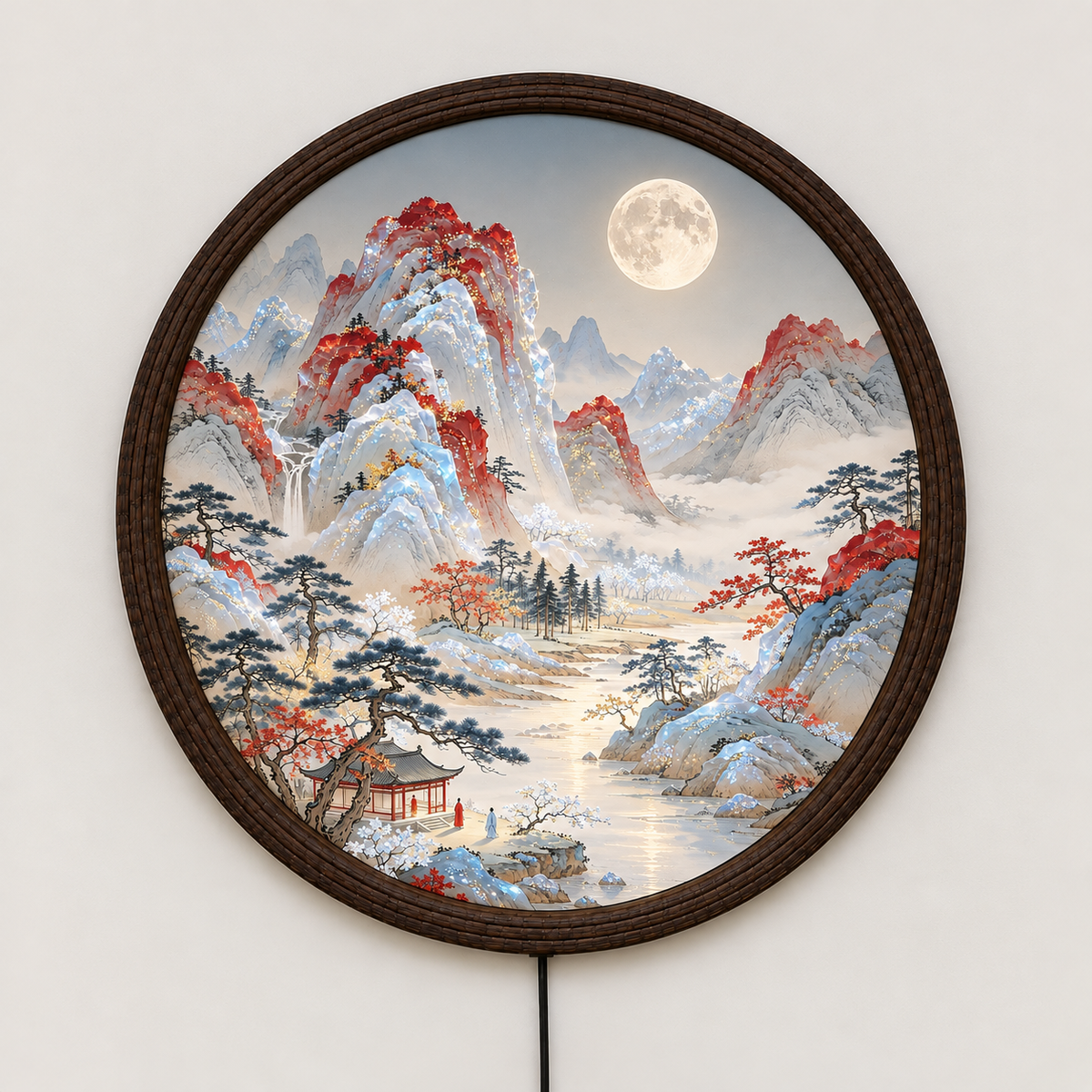 Round LED Mountain Landscape Wall Lamp, Japanese Moonlight Scenery Light, Oriental Wooden Frame Wall Art, Asian Inspired Home Decor