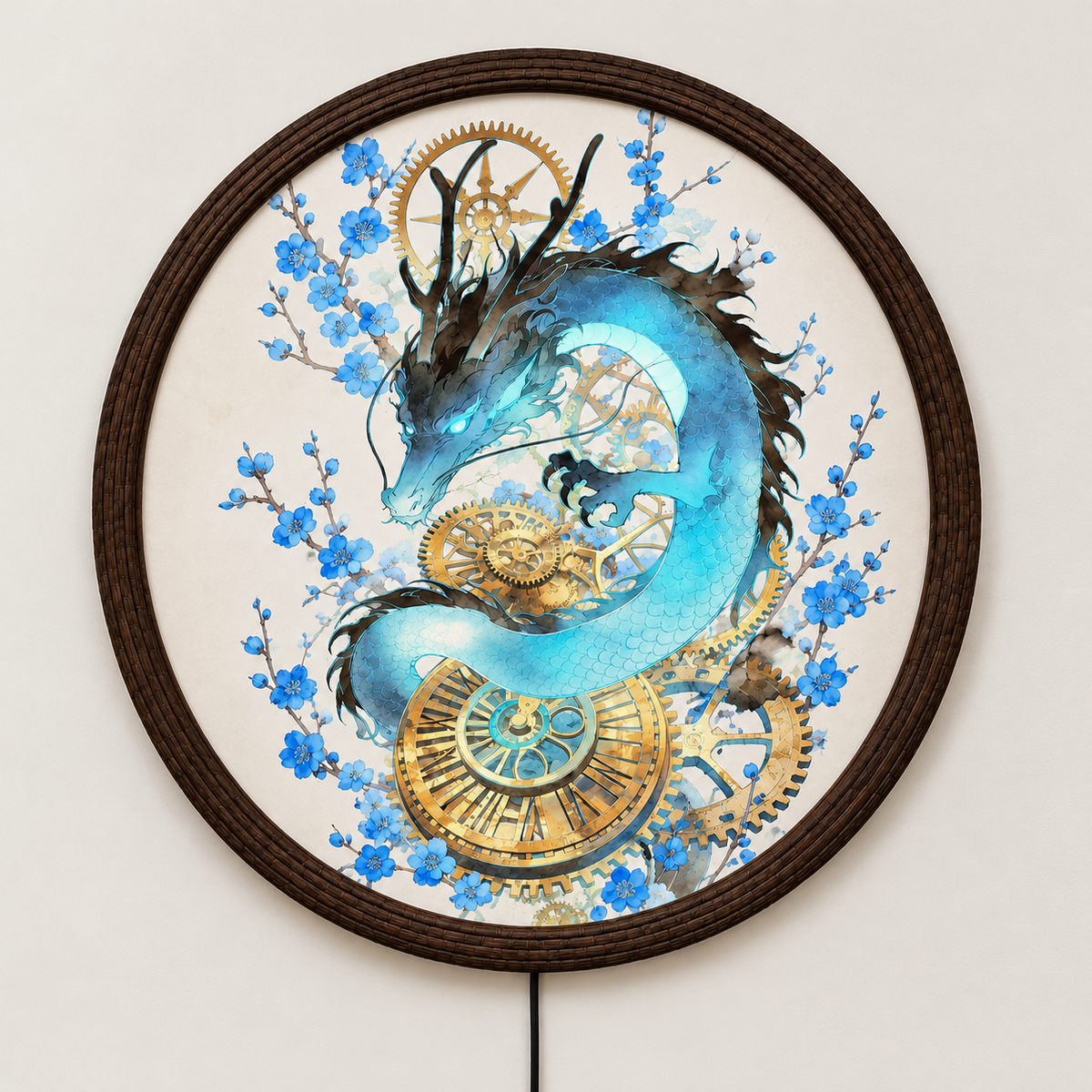 Blue Dragon LED Wall Light, Steampunk Gear Round Wall Art, Japanese Cherry Blossom Wall Decor, Modern Fantasy Home Lighting
