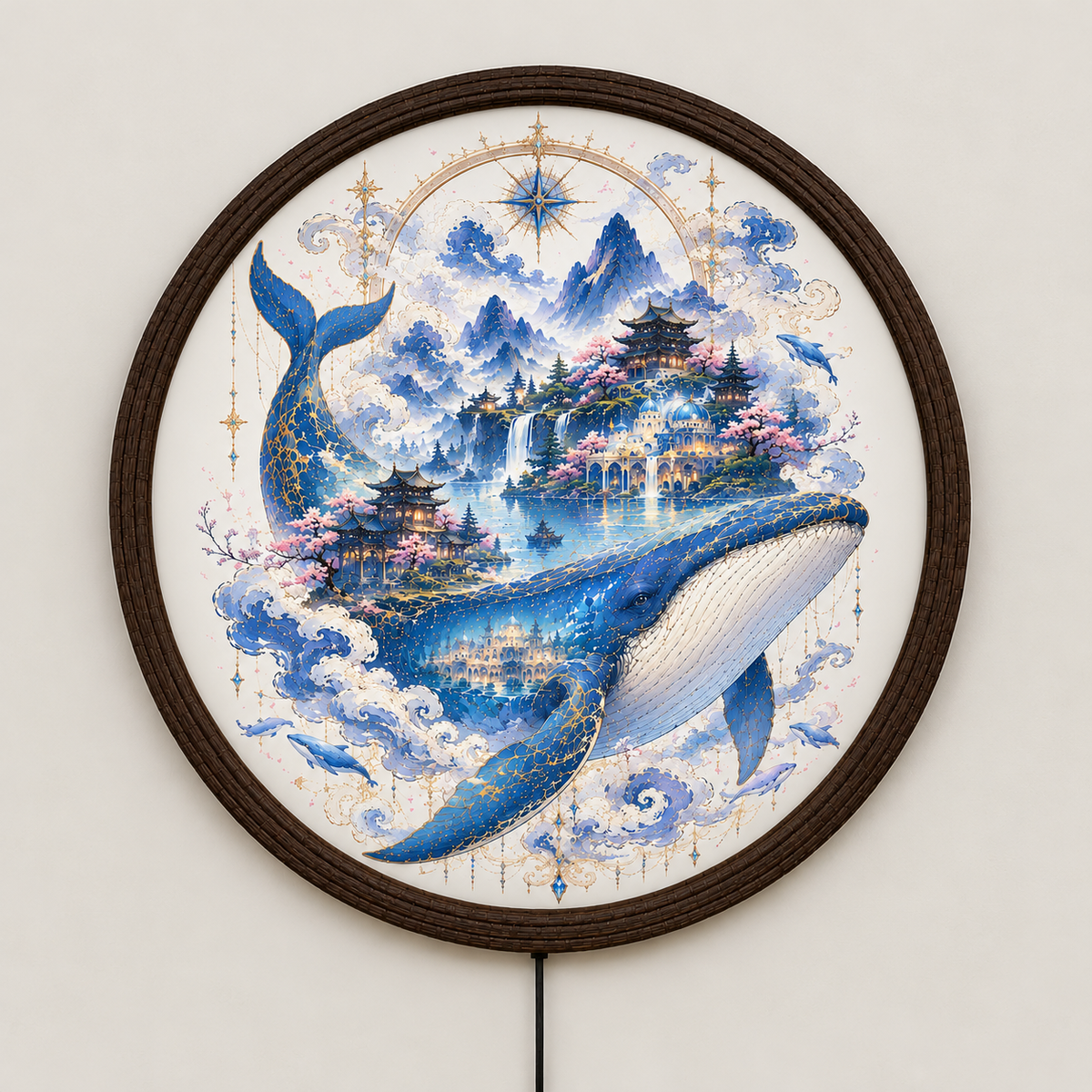 Fantasy Blue Whale LED Wall Art – Illuminated Ocean Dreamscape Round Wall Decor