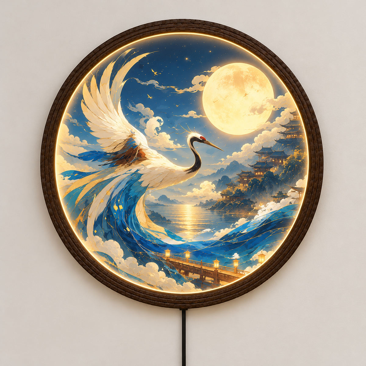 Japanese Crane Under Full Moon LED Wall Art – Illuminated Round Wooden Frame Light Box Decorative Sign