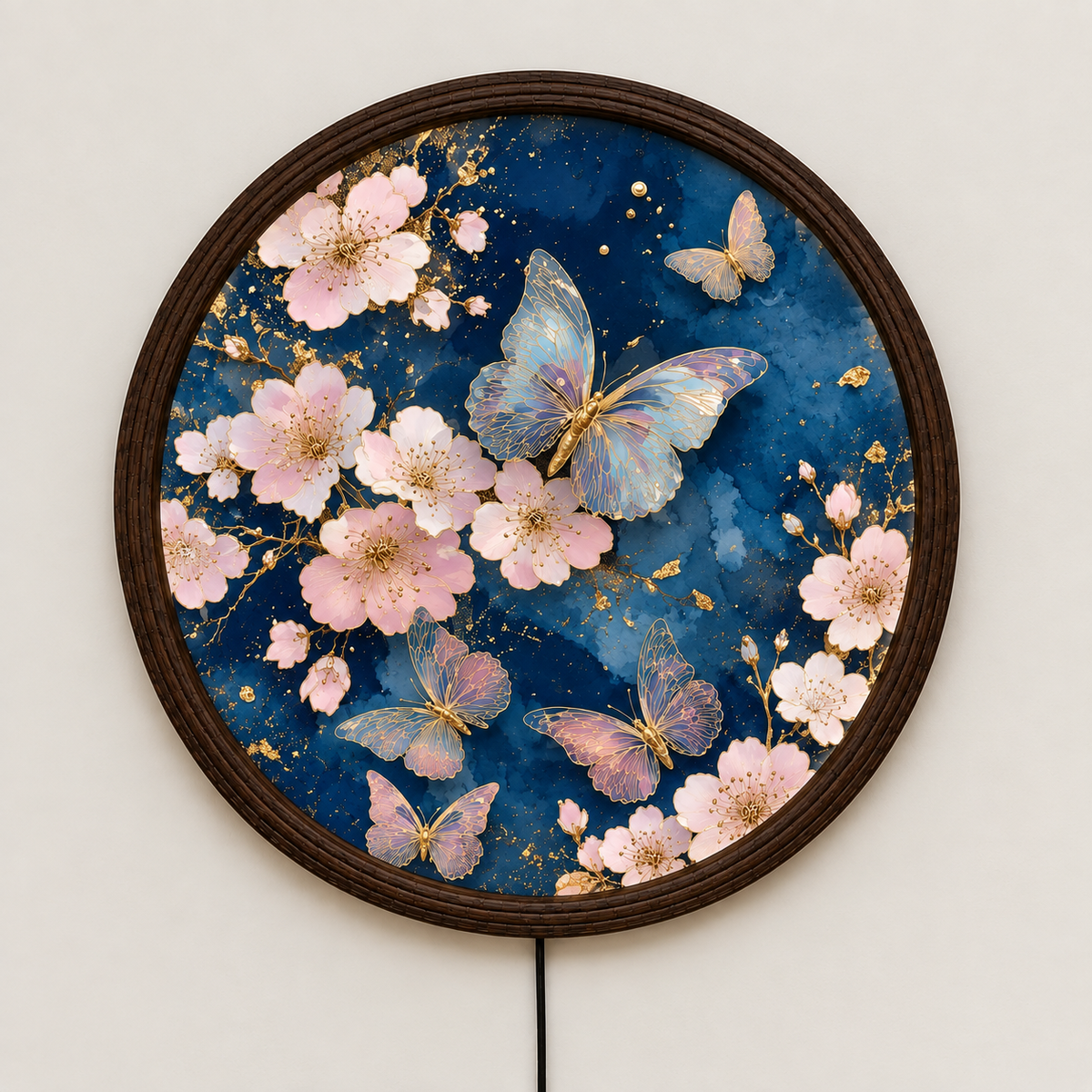 Round Butterfly & Cherry Blossom LED Wall Art – Illuminated Floral Wall Decor