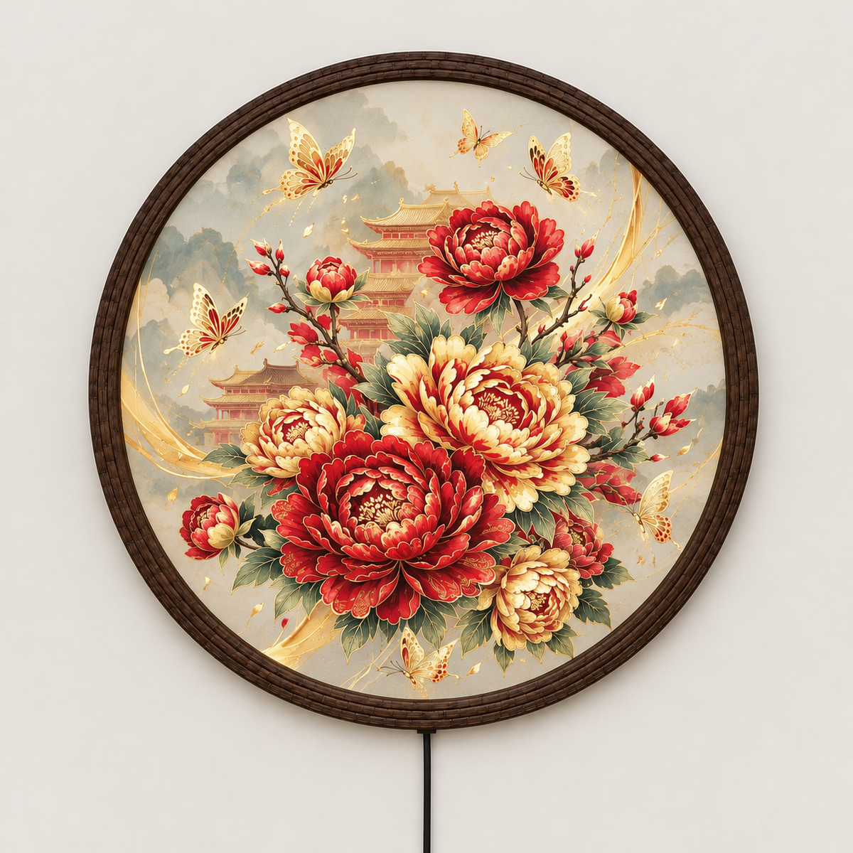 Glowing Peony Flower LED Wall Lamp – Round Floral Lighted Wall Art for Elegant Home Decor