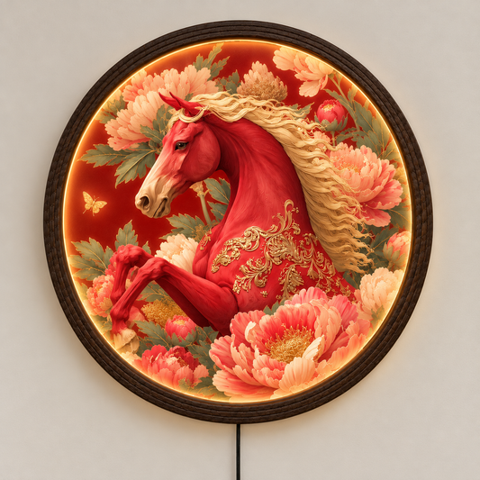 Red Horse LED Wall Art, Round Illuminated Floral Wall Decor, Rustic Wooden Frame Light