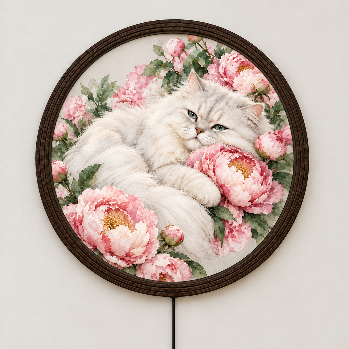 Persian Cat & Peony LED Round Wall Art – Illuminated Floral Home Decor