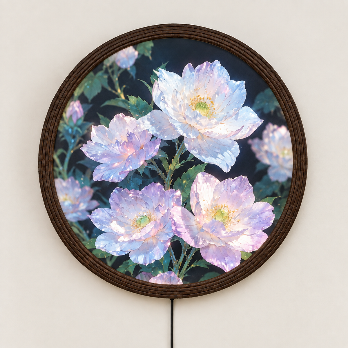 Floral Illuminated Round Wall Art – LED Lighted Flower Wall Decor