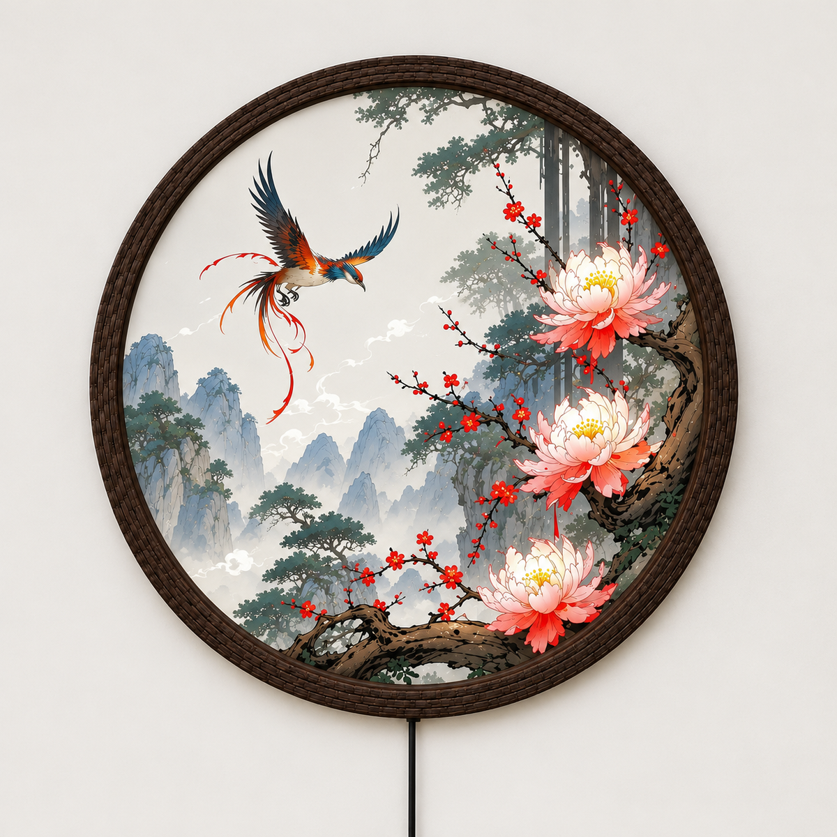 Illuminated Phoenix & Peony Round Wall Art – Oriental Landscape LED Light Box Wall Decor