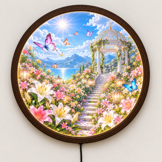 Enchanted Garden LED Wall Lamp, Round Floral Wall Art Light with Wooden Frame, Butterfly & Flower Home Decor