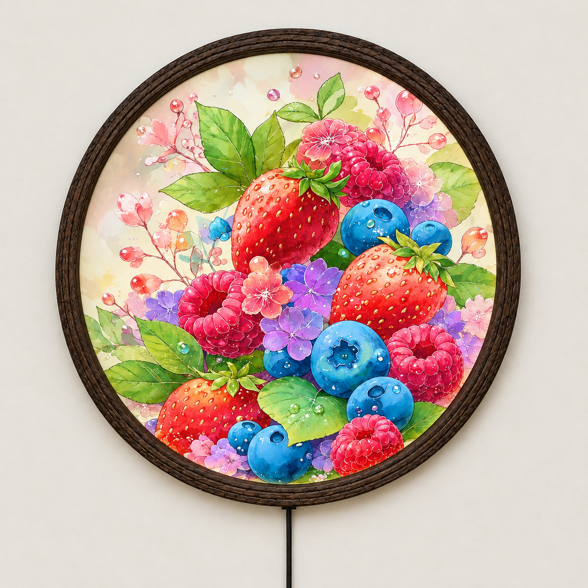 Illuminated Berry Blossom LED Wall Art, Round Floral Light Decor