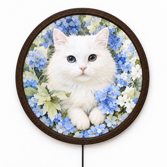 White Cat LED Round Wall Art – Blue Floral Illuminated Home Decor