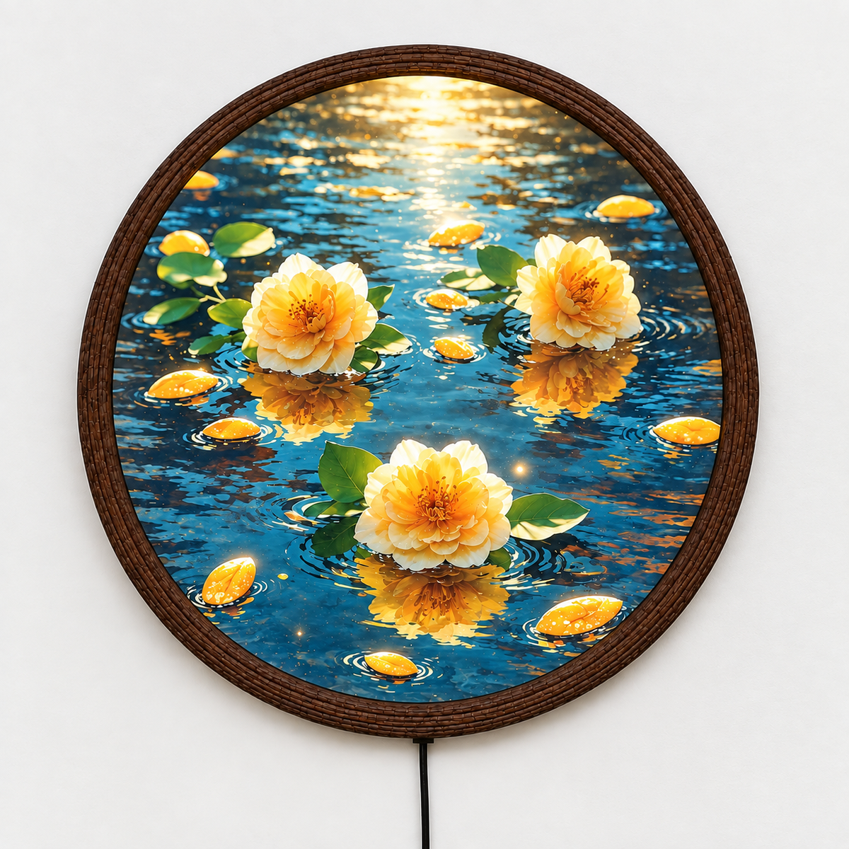 Luminous Lotus Water LED Wall Art Lamp – Round Wooden Frame Home Decor